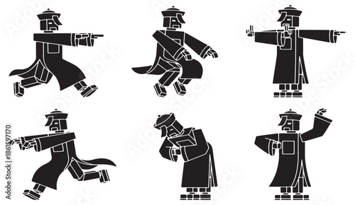 Set of six stylized Chinese figures in traditional clothing performing various actions, isolated on a white background.