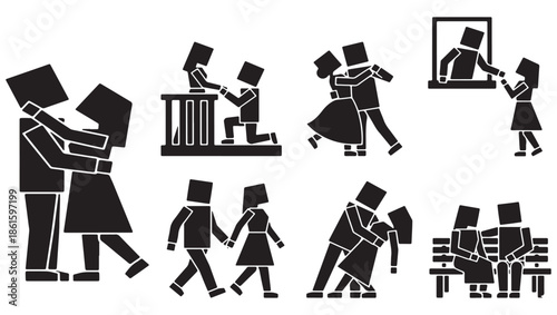 Collection of stylized couple icons depicting various romantic moments and relationships.