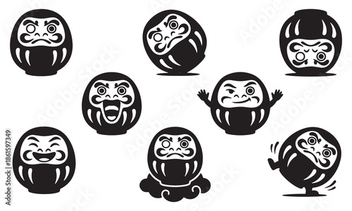 Collection of black and white Daruma doll illustrations with various facial expressions and poses.