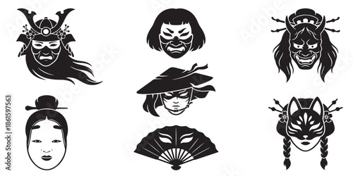 Collection of Japanese traditional masks and cultural symbols, including samurai helmet, geisha face, oni mask, kitsune mask, and fan.