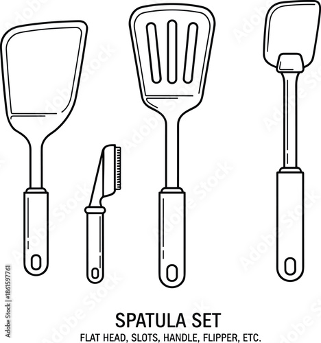 Spatula set vector outline illustration featuring flipper turner and cooking tools