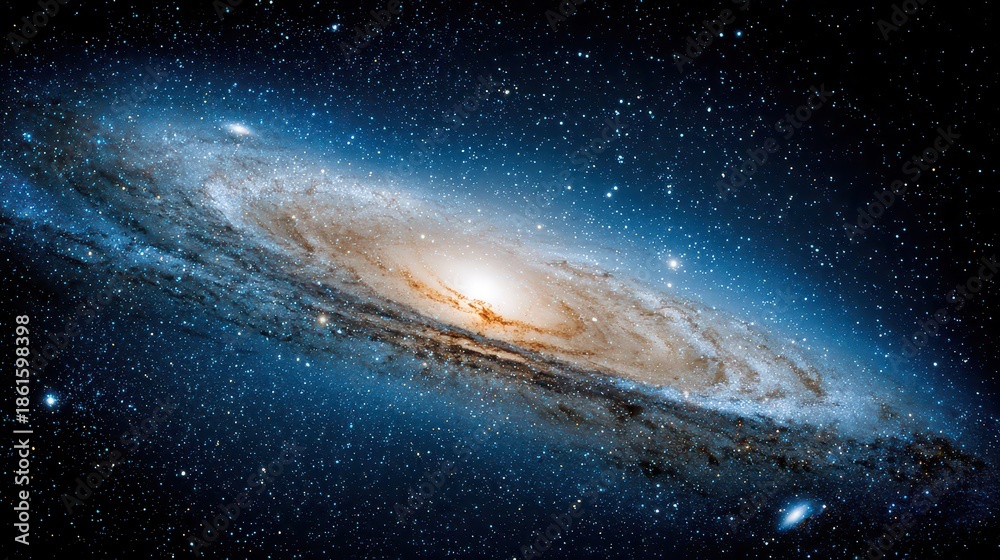 Fototapeta premium Detailed View of Andromeda Galaxy in Dark Sky with Gaseous Arms Swirling and Stars Glowing Radiantly in Space Photography