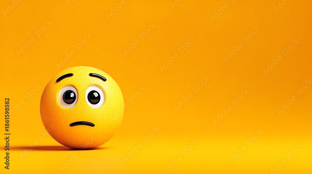 Fototapeta premium Sad yellow emoji with big eyes and downturned mouth against a plain orange background. 3D render