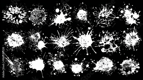 Set of White Ink Splatters Isolated on Black Background for Artistic Design Elements and Grunge Texture