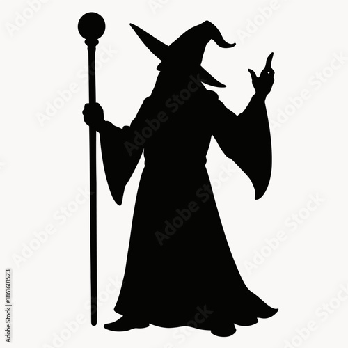 Simple silhouette vector illustration of an arcane wizard in bold style