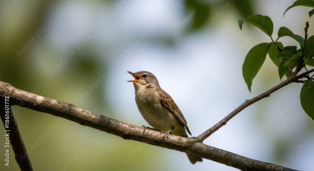 Fototapeta premium Small Songbird Perched on Branch with Open Beak, Singing Melodiously in a Sunny Natural Habitat