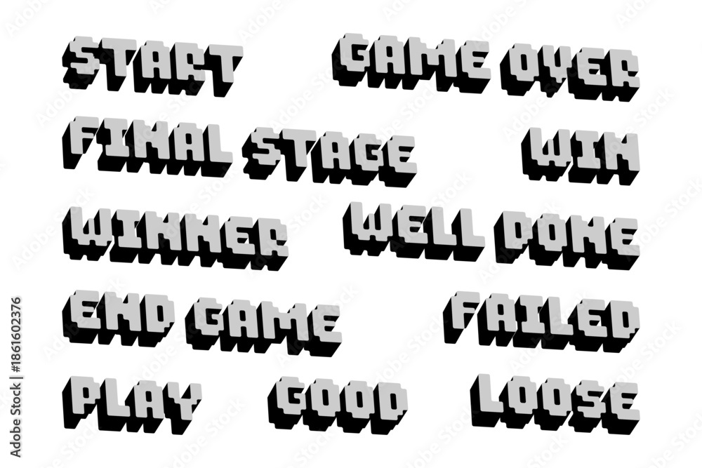 Obraz premium Isometric 3D pixel text on gaming. Three dimensional pixel art of gaming text.