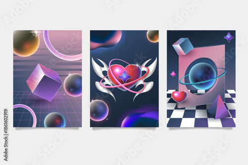 Retro futuristic 3D poster set with floating geometric shapes and vaporwave elements. Abstract y2k cosmic background with chrome spheres and neon grids.