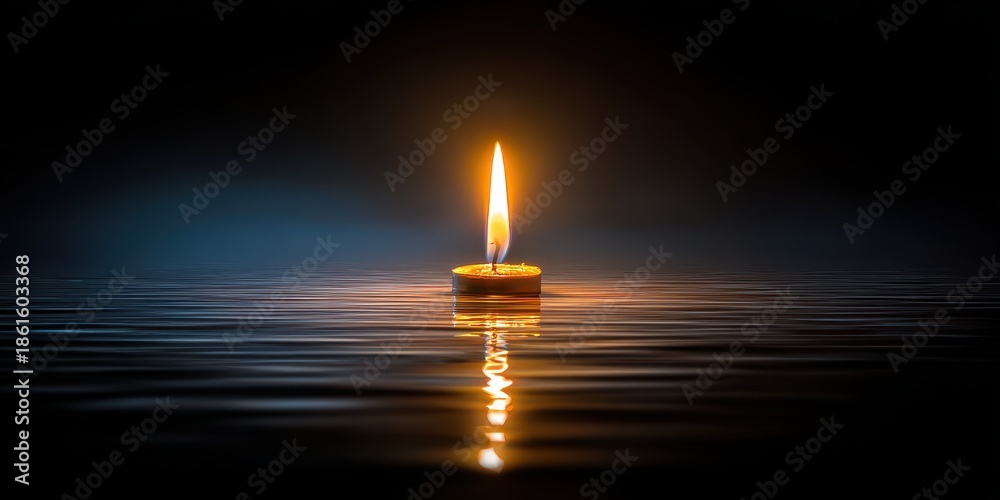 Fototapeta premium Lit Candle Flame Reflecting in Water with Dark Background Showing Warm Yellow Light and Blue Tones