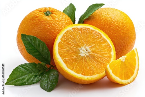 Pile of Fresh Oranges with Green Leaves on White Background Slice Piece Fruit Vibrant Color Healthy Eating Citrus