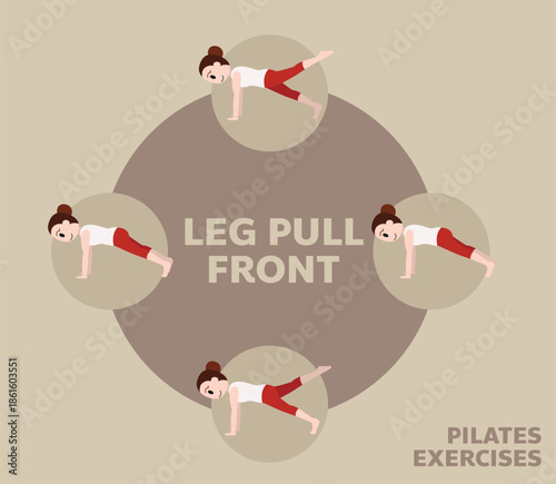 Pilates Moves Exercises Leg Pull Front Cute Cartoon Vector Illustration