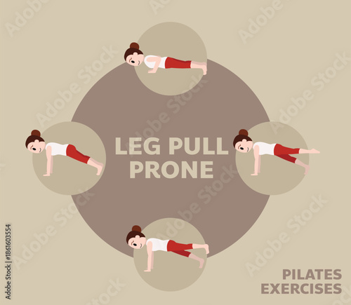 Pilates Moves Exercises Leg Pull Prone Cute Cartoon Vector Illustration