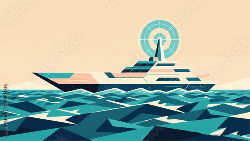 Illustration Of A Ship With Digital Radar Emitting Polygon Circles On Ocean Waves Vector Design Template