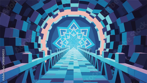 Illustration Of A Bridge That Shifts And Is Automatically Assembled From Polygon Blocks With A Portal At The End Vector Design Template