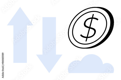 Economy, market trends, trade, financial analysis, investment opportunities, and economic stability. Up and down arrows with a dollar symbol and cloud. Economy and market trends visualization