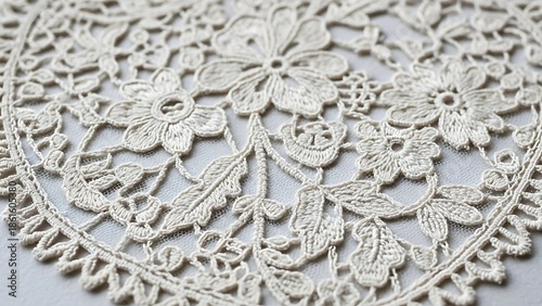 Intricate White Lace Fabric Texture Closeup.