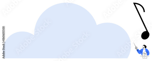 A conductor gesturing towards a giant floating music note adjacent to a soft blue cloud. Ideal for creativity, music, leadership, imagination, harmony, innovation, simplicity concepts. A simple flat