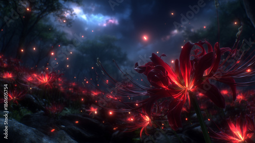 Close-up illustration of glowing red spider lilies in a dark mystical forest with floating light particles, Anime style (暗く神秘的な森の中で浮遊する光の粒子と共に輝く、赤い彼岸花のクローズアップアニメスタイルイラスト)