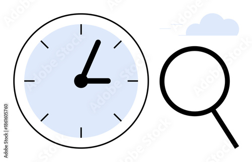 Clock marking time and magnifying glass for detailed observation next to a subtle cloud. Ideal for punctuality, time efficiency, research, problem-solving, organization, focus, productivity. Simple