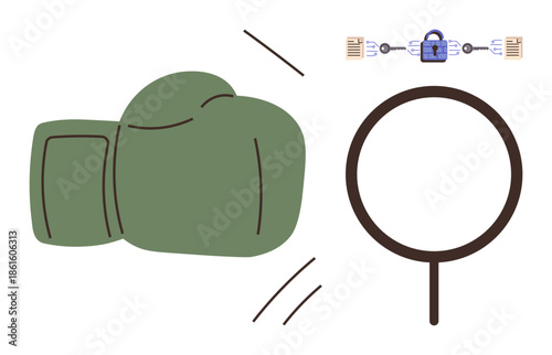 Green boxing glove aiming at cybersecurity concepts under magnifying glass, accompanied by padlock and data files. Ideal for cybersecurity, protection, audits, risk management, tech security