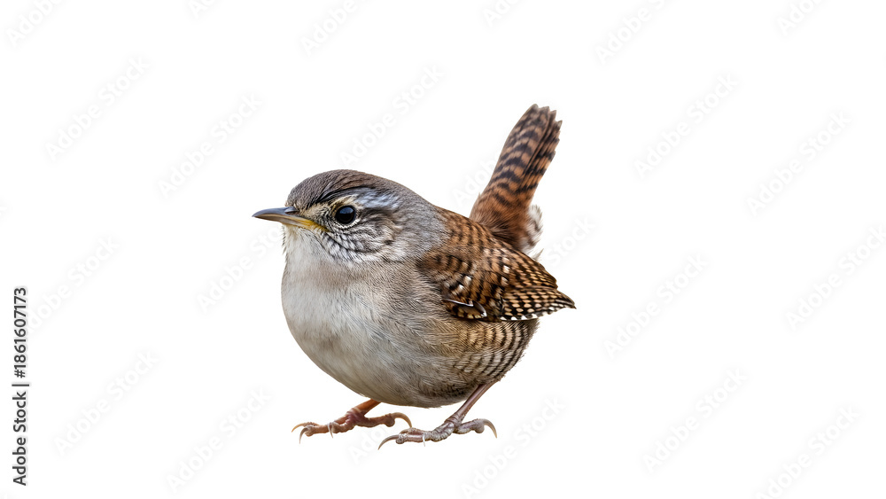 Fototapeta premium Detailed image of a wren bird with natural feather coloring, isolated on clean white background.
