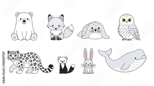 Cute cartoon animals collection with white and gray color