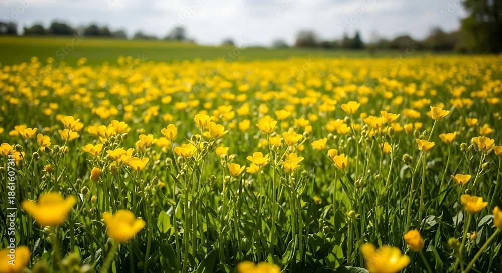 Obraz premium Field of yellow flowers under a bright sky.