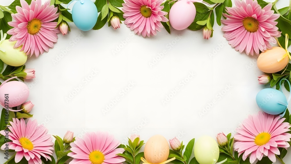 Fototapeta premium Floral Easter frame with pastel eggs and pink daisies on white with copy space.