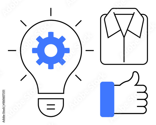 Innovation concept. Gear in light bulb ideas and progress. Shirt and thumbs-up icons reflect approval, creativity, and quality assurance. For branding, business concepts, quality standards, team