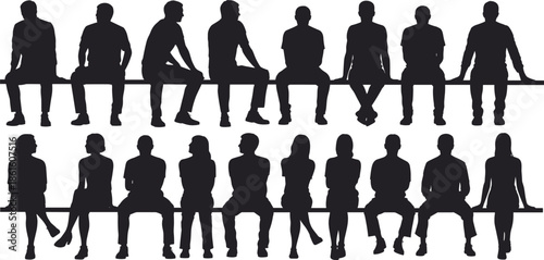 Silhouette, seated people, bench sitting, human figures, posture, crowd, group, black icon, vector illustration, relaxed pose, male, female, communal 