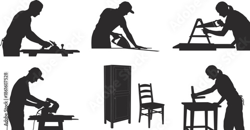 Woodworking, carrkshop, DIY, cabinet, chair, hammer, saw, planing, measuring, cutting, assembling, skilled labor, black icon, vector illustration, manual work