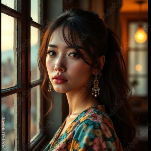Radiant Beauty: A portrait of a woman bathed in soft light, her gaze piercing, conveying introspection and grace, the gentle details of her attire adding to the quiet elegance.