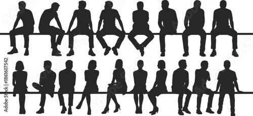 Silhouette, seatedr illustration, relaxed pose, male, female, group, horizontal bars, minimalist design, crowd, behavior study, orientation, casual seating, lifestyle, modern concept, design element