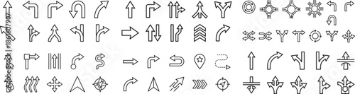 Set of Black Outline Arrows Pointing in Various Directions on a Checkered Transparent Background Vector Graphic Resource