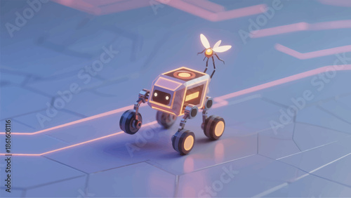 Illustration Of A Small Geometric Robot Filled With Energy Moving Like A Polygon Firefly Vector Design Template