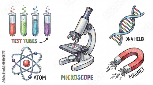 Science and chemistry education cartoon icons. Microscope, DNA helix, atom, magnet, and test tubes illustration