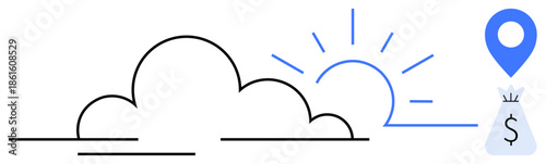 Cloud with sunrise line, geolocation pin, and money bag concept. Ideal for weather forecasting, navigation, travel savings, financial planning, sustainability, smart technology and data analysis