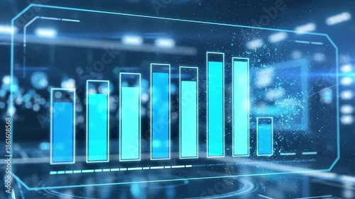 A futuristic digital bar chart with glowing blue bars on a metallic surface