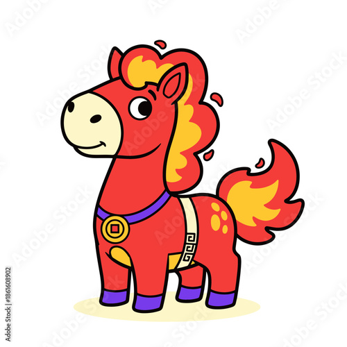 A vibrant cartoon Fire Horse illustration with flame mane and tail, standing proudly on a flat surface