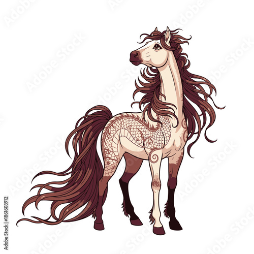 Majestic Fire Horse with flowing mane and intricate body art standing proudly in a studio setting from a side viewpoint