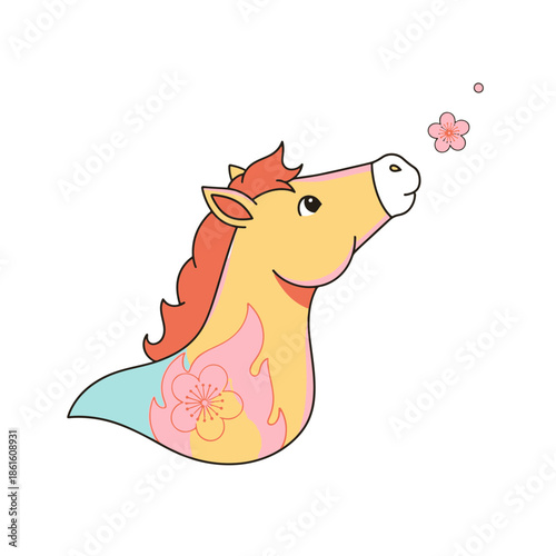 Whimsical illustration of a fire horse with floral designs blowing flowers in the air