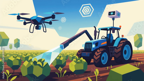 Illustration Of A Geometric Drone Harvesting Hexagonal Crops With A Digital Tractor With A Long Prism Body Vector Design Template