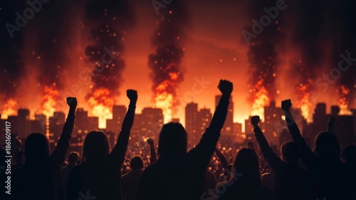 Animation of youth protesters silhouetted against raging fire during nighttime demonstration, dramatic scene of social unrest and civil activism with intense flames