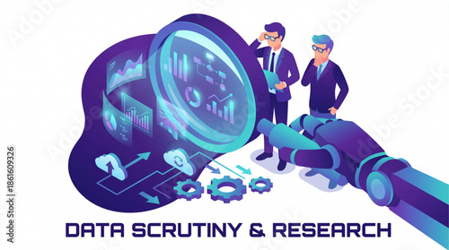 Data scrutiny and research with AI technology. Artificial intelligence robot hand analyzing big data with magnifying glass. Isometric vector illustration
