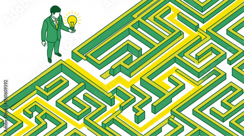Businessman holding light bulb finding solution in a maze. Business strategy, challenge, and problem solving concept isometric vector illustration