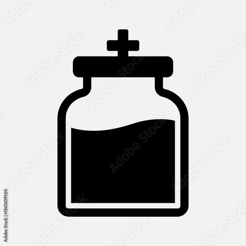 Black Medical Bottle Icon with a Cross Lid and Liquid Inside