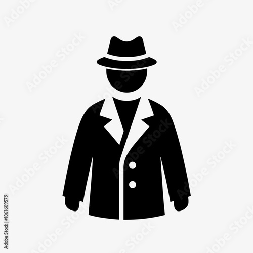 Minimalist Detective Icon with Fedora Hat and Trench Coat Silhouette
