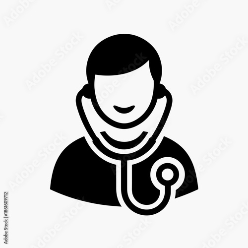 Minimalist Black and White Icon of Smiling Doctor with Stethoscope