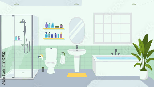 Modern bathroom with green tiles and white fixtures