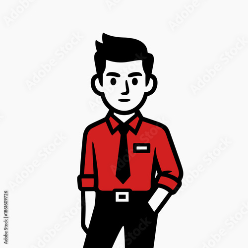 Friendly Male Character Illustration in Red Uniform Shirt and Tie